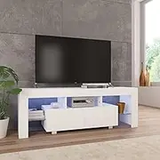LED TV Stand Cabinet for Living Room, Modern Entertainment Center Table, Media Storage Shelf, White High Gloss Furniture with USB Lights, 130x35x45cm