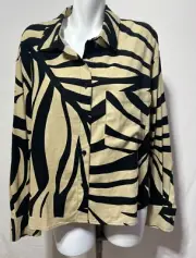 Joie Women Large Top Shirt Linen Blend Sand Black Abstract Oversize New NWT