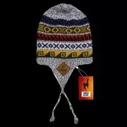 HANDMADE ANDEAN ALPACA LIGHT GRAY REVERSIBLE WHITE HAT WITH EAR FLAPS