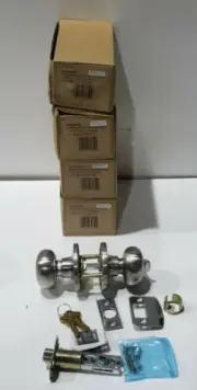 Schlage J54 STR Satin Stainless Steel Entry Door Knob Handles QTY 4 KEYED ALIKE