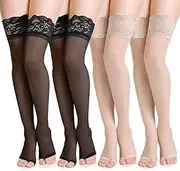 [Sintege] 4 Pairs Open Toe Stockings for Women Holdups Sheer Toeless Lace Top Thigh High Stockings for Women Open Toe Shoes, Black and Nude, One Size