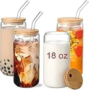 18oz Glass Cups with Lids and Straws Set of 4 - Reusable Iced Coffee Glasses, Beer Can Style Double-Wall Tumblers with Bamboo Lids, Barista-Grade Cups for Home/Cafe Use