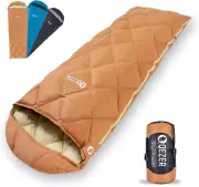 QEZER Down Sleeping Bag for Adults, Double zipper, Coffee & Beige (Left Zip)