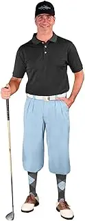 [Golf Knickers] Mens Outfit - Light Blue Microfiber, Limited Edition Ball Cap, Over-The-Calf Argyle Socks, Black Golf Shirt