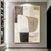 Handmade 3D Oil Painting Abstract Geometric Chair Form Minimalist Neutral Tone Painting Earthy Browns Cream Gold Block Composition Serene Artistic Decor