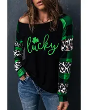 GGP Lucky Clover Glitter Pattern Leopard Plaid Top S