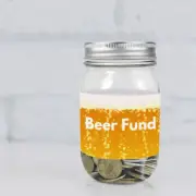 Beer Fund Glass Saving Jar with coin slot lid and saving label