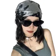 [BXT] Glitter Square Head Scarf Glossy Silver Black Cyberpunk Kerchief Hip Hop Headband Street Dance Performance Party Club Prom Costume Accessories for Adult Women Teens, Silver and Black, One Size