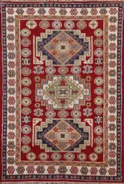 Geometric Red Kazak Indian Hand-made Area Rug Wool Carpet 4x6
