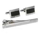 Gift Set Cufflinks Tie Clip Set Black Carbon Fiber Silver Checkering Geek Weddin