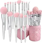 Bueart Design Elegant pink Ultra soft labeled Makeup Brushes Sets with Cute Brush Holder case makeup brush set with Foundation Powder blush concealer blending eyeshadow contour Glitter