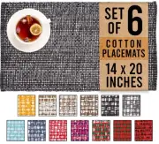 Set of 6 Black/White Two Tone Cotton Placemats - 14''x20'' Oversized Tablemat...