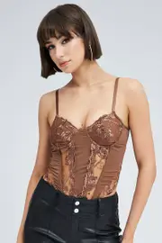 Brown Embroidery Corset Top - Size M, Women's Top