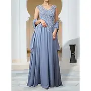 A-Line Wedding Guest Dresses Elegant Dress Wedding Guest Engagement Floor Length Sleeveless V Neck Chiffon with Appliques Shawl 2025