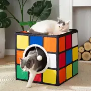 Cat Condo House with Reversible Cushions and Fluffy Ball Hanging, Foldable Magic