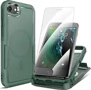 [MHYALUDO] for iPhone SE Gen 3rd 2022/2nd 2020 Case, iPhone 8/7 Case, with 2X Tempered Glass Screen Protector, 360° Full Body Shockproof Heavy Dropproof,Hard PC & Soft TPU 2 in 1 Design, Forest Green