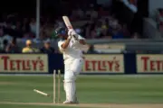 England batsman Nasser Husain is out for 21 runs bowled by Ja- Old Cricket Photo