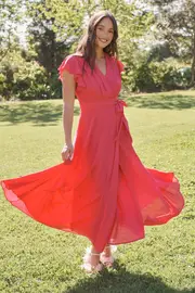 Women's Cocktail Wynter Maxi Dress Cap Sleeve in Pink Fuchsia Chiffon 8