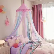 Rainbow Bed Canopy for Girls, Ruffles Mosquito Net with Dust-Proof Round Dome Kids Dreamy Princess Bed Canopy Netting Room Crib Bed Curtains Camp Decor Accessories Child Reading Corners Ceiling Tent