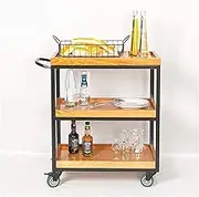 Mobile Storage Cart Retro Mobile Bar Cart Three-Tier Shelf Serving Trolleys Solid Wood Iron Bar Hotel Wine Cart Engineering Handrail Home Open Storage Space