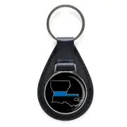 Thin Blue Line Louisiana State Black Leather Keychain Silver Keyring Military