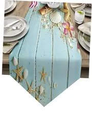 Cotton Linen Table Runner Dresser Scarves Beach Theme Seashells Starfish&Blue