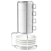 HUJI Stackable Porcelain Espresso Turkish Coffee Cups & Saucer with Chrome Rack
