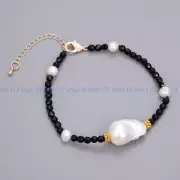 4mm Natural Faceted Black Onyx Agate White Keshi Baroque Pearl Bracelets 7.5''
