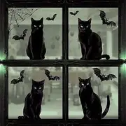 6 Sheets Halloween Window Cling Sticker Decals Decorations Double Side, Black Cat Bat Spiderweb PVC Silhouette Stickers for Glass, Wall and Living Room Hallowe