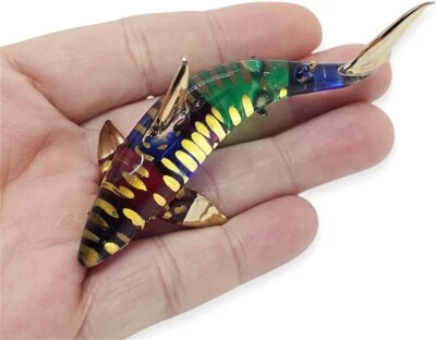 3" L Multicolor Shark Figurine Blown Glass Crystal Fish Sealife Miniature Animal