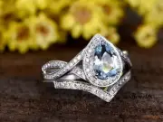 2.90CT Pear Shape Real Aquamarine Twisted Halo Jewelry Ring Set 14K Gold Finish