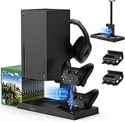 Vertical Cooling Stand for Xbox Series X Console - Dual Controller Charging Dock Station with 2 Pack 1400mAh Batteries & Game Rack Storage Organizer and Gaming Headphones Holder for Xbox Series X