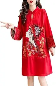 [Vaveren] Chinese Cheongsam Dress Knee Length Dress Comfortable Long Sleeve Trendy Lady Qipao Dress Women Improved Cheongsam for Travel