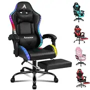 [ALFORDSON] RGB Gaming Chair with 8 Points Massage and Recline, Ergonomic Executive Office Chair PU Leather with Footrest, Height Adjustable Racing Chair with LED Light, 180kg Capacity (Lyam Black)