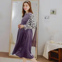 在飛比找momo購物網優惠-【OB 嚴選】韓系質感潑墨花苞袖拼接光澤感絨布保暖孕婦洋裝 