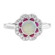 Art Deco Style Lab-Created Diamond Opal Ruby Halo Ring For Her 14K White Gold FN
