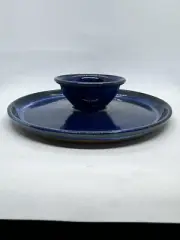 New Tom’s Thumb Pottery Blue Glazed One Piece Ceramic Chip & Dip Plate