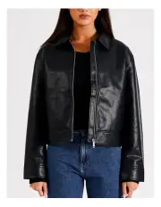 [Calvin Klein Jeans] Faux Leather Zipped Jacket in Black
