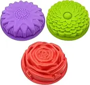 Accfore 3 Pcs Flower Shape Silicone Cake Molds - Non-Stick Baking Trays for Bread, Pie, Flan, Tart, Jello - Large Flower Molds for Birthday Party Baking Set