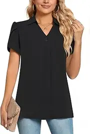[POPYOUNG] Ladies Tops Chiffon Blouse Business Tunic Petal Short Sleeve Office Shirts for Work, Black, L