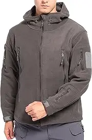 [Generic] Men's Fleece Multi Zip-Pockets Jacket Plush Tactical Hooded Jackets Soft Shell Military Windproof Coat, Grey, Large