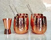 Esplanade Moscow Mule Cocktail Copper Mugs - Set of 4 Mugs, 4 Copper Straws, and Peg Measure (Moscow Mules Hammered Plain)