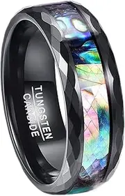 [Wozya] 8 mm Men's Abalone Shell Polished Black Faceted Tungsten Carbide Rings Wedding Bands