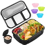 Yumuk Bento Box Adult Lunch Containers, 5 Cup Box with 4 Compartments &Spork &Sauce Box, Leak-Proof, Microwave/Dishwasher Safe(Black)