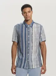 GUESS Eco Stripe Short Sleeve Shirt in Blue Size: Medium, Viscose Rayon
