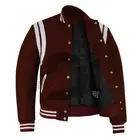 Varsity Bomber Baseball Teddy Maroon Wool & White Leather Strips Stylish Jacket