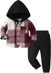 [Generic] Boys and Girls in Small Children in The Fall Unisex Version of The Hundred Casual Hooded Plaid Shirt Harlan Pants Suit Set (Red, 6-7 Years)