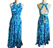 Abel the Label Anthropologie Maxi Dress NWT Blue Green Sexy Back sz M