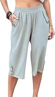 [Generic] Women's Elastic Waist 3/4 Capri Harem Pants with Pockets Casual Loose Solid Yoga Trousers