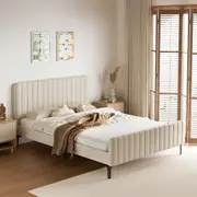219x162 Oikiture Bed Frame Queen Size Beige Velvet ROYO